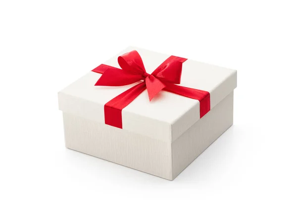 White Gift Box Red Bow Isolated White Background Clipping Path — Stock Photo, Image