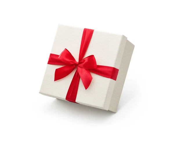 Біла Подарункова Коробка Червоним Бантом Ізольовано Білому Тлі Відсічний Контур — стокове фото