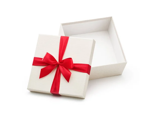 White Open Gift Box Red Bow Isolated White Background Clipping — Stock Photo, Image