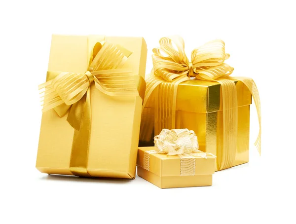 Golden Gift Boxes Ribbon White Background — Stock Photo, Image