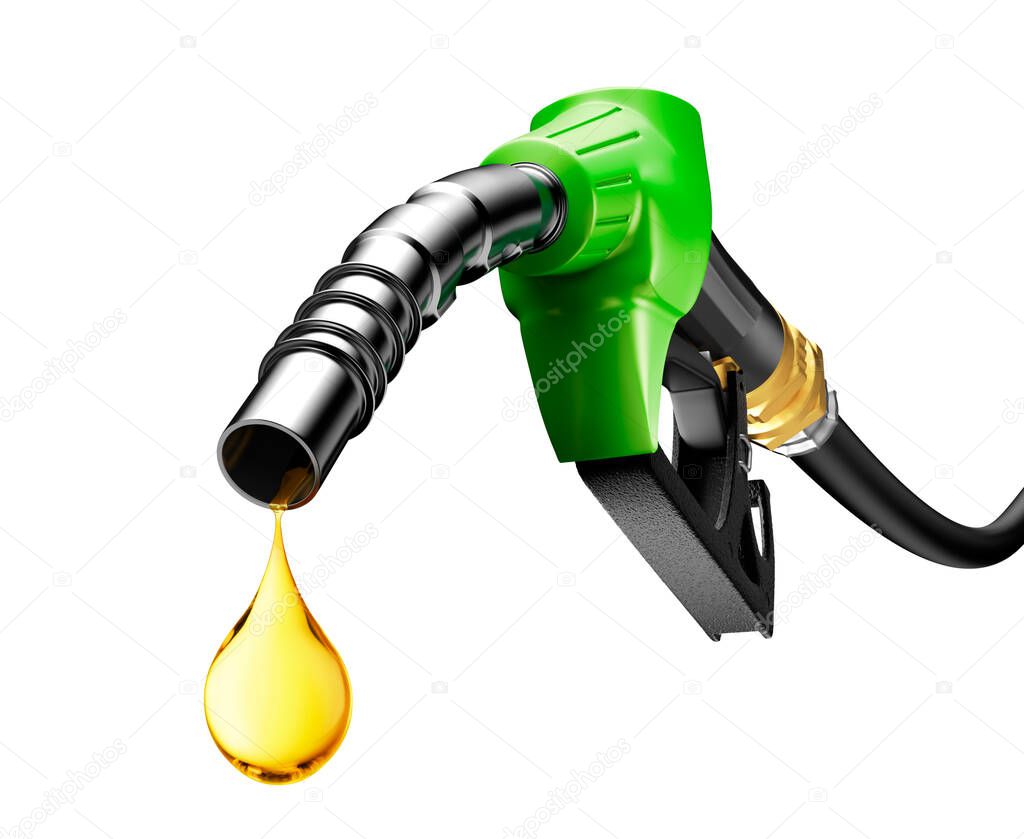 Oil dripping from a gasoline pump isolated on white bakground