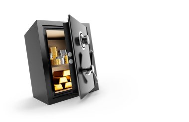 Beyaz arka planda izole edilmiş güvenli bir kutuda saklanan değerli metaller - 3D oluşturma