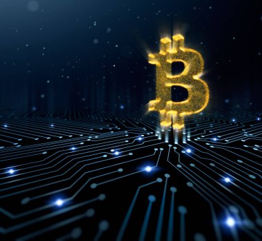 Devre kesişme noktasında Bitcoin sembolü - 3B Hazırlama