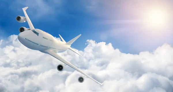雲の上を飛ぶ飛行機 3Dレンダリング — ストック写真