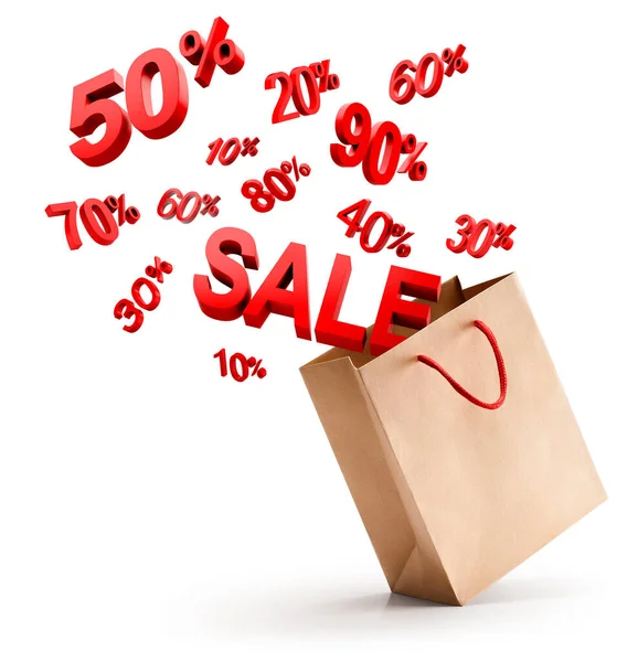 Sales Discount Icon Pop Out Shopping Bag Isolated White Background — Stock Photo, Image