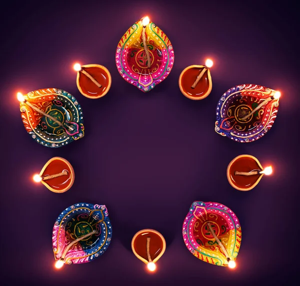 Happy Diwali Színes Diya Lámpák Kör Alakzatban — Stock Fotó