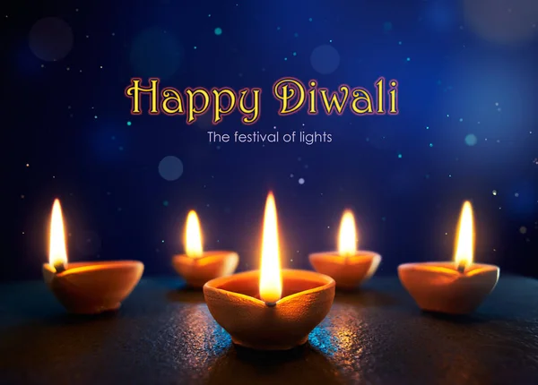 Happy Diwali Lit Diya Lampor Den Blåaktiga Natten Bakgrund — Stockfoto