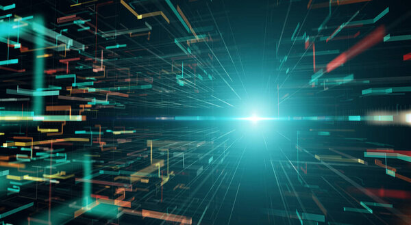 Луч света, сияющий на фоне цифровых данных - 3D рендеринг 