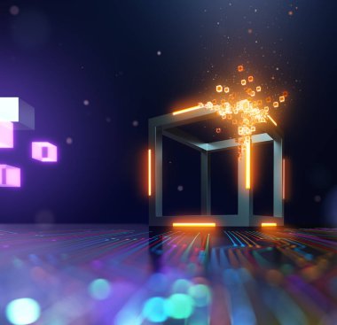 Blockchain Technology, Block soyut bir arkaplan üzerinde küçük küplere dağıldı - 3D Rending