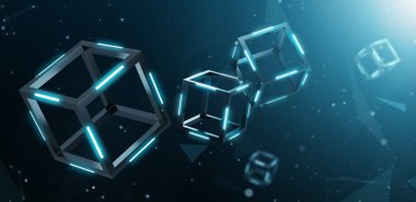 Mavi arkaplanda kripto para birimi, engelleme zinciri teknolojisi - 3D oluşturma