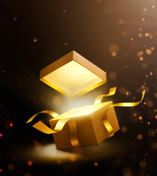 Złote Otwarte Pudełko Magicznym Światłem — Zdjęcie stockowe