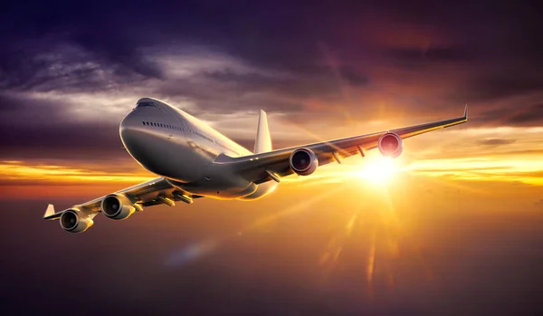 Airplane Flying Sunset Rendering Royalty Free Stock Images