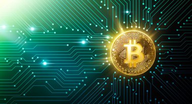 Devre kartındaki altın bitcoin - 3D oluşturma