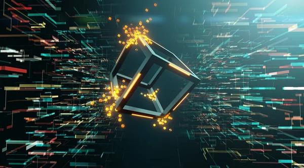 Blockchain Technology, Blok dijital veri arkaplanındaki küçük küplere dağıldı - 3B Rending