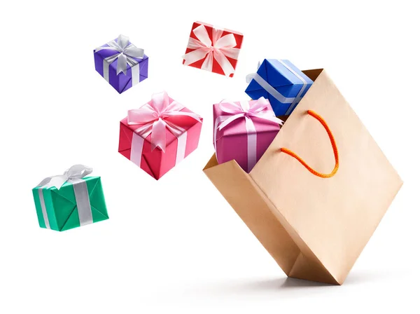 Gift Boxes Pop Out Paper Bag Isolated White Background — Stock Photo, Image