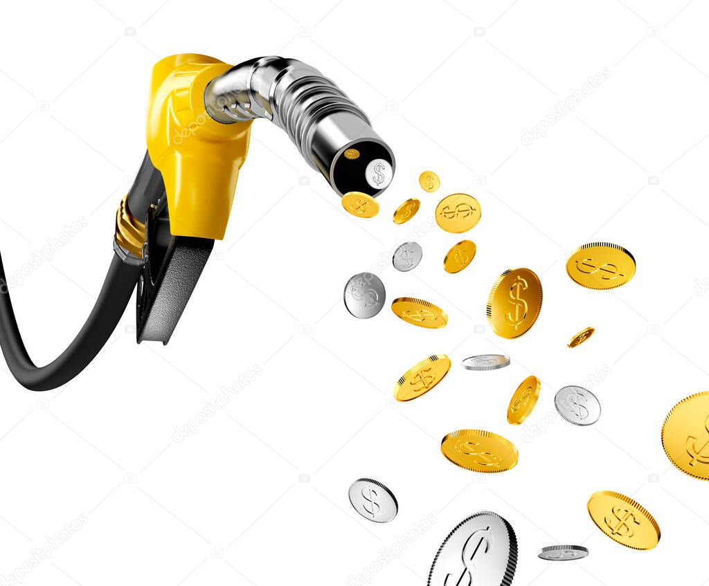Coins with dollar sign pump out from gasoline pump - 3D Rendering