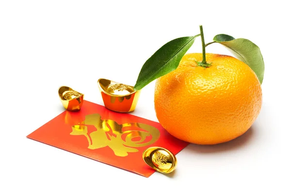 Naranja Mandarín Oro Chino Caligrafía China Significa Riqueza Paquete Rojo — Foto de Stock