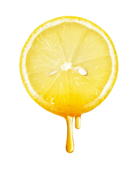 蜂蜜从柠檬片滴落分离的白色背景 — 图库照片