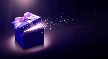 Sihirli ışığı olan mavi bir hediye kutusu
