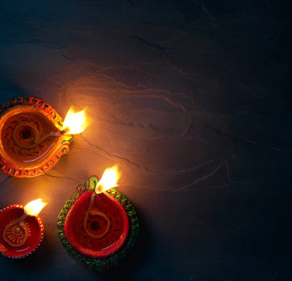Lámparas Diya Encendidas Durante Celebración Diwali Vista Superior — Foto de Stock