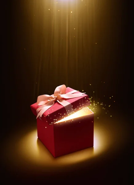 Рожева Відкрита Подарункова Коробка Магічним Світлом — стокове фото