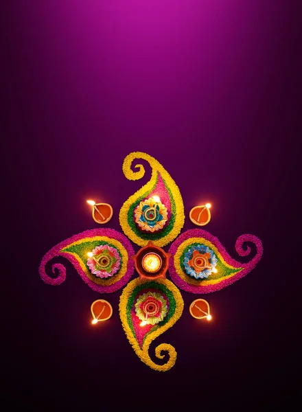 Diwali Celebration Diya Oil Lamps Lit Colorful Rangoli — Stock Photo, Image