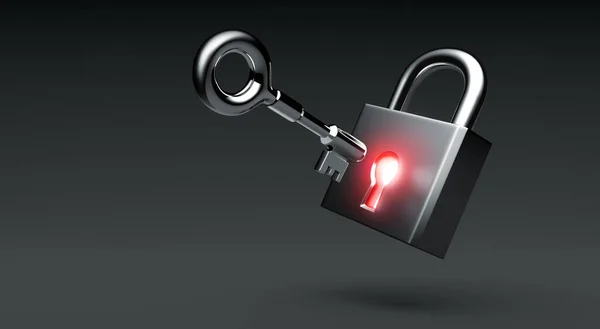 Glowing lock with key on dark background - 3D Rendering