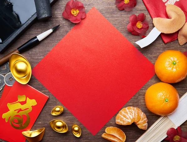 Bovenaanzicht Van Chinese Nieuwjaar Decoraties Met Blanco Rood Papier Als — Stockfoto