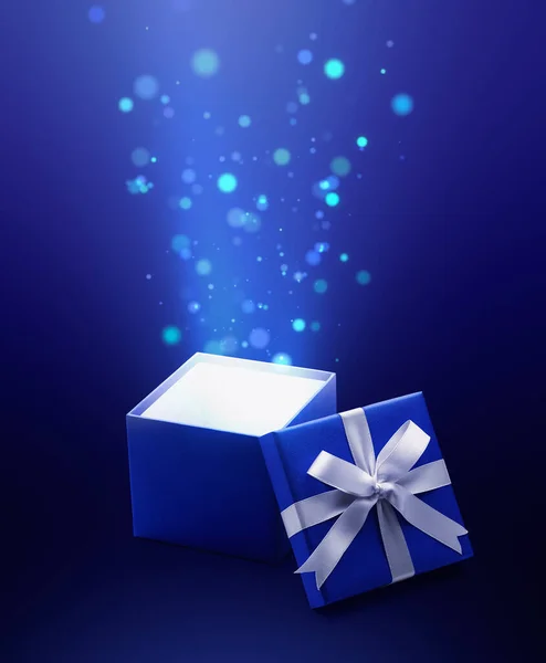 Blue Open Gift Box Magical Light — Stock Photo, Image