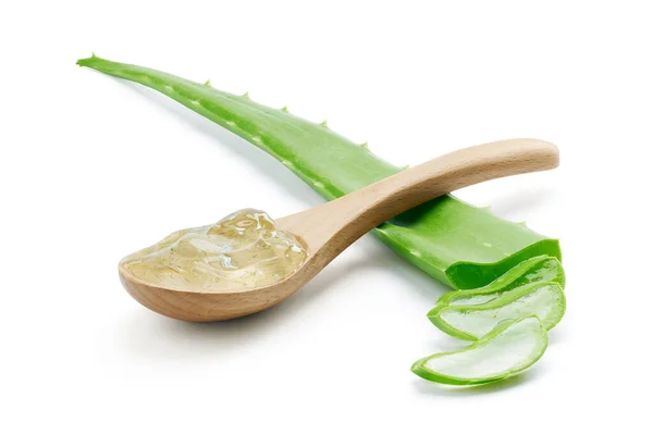 Aloe Vera Irisan Dan Aloe Vera Gel Pada Sendok Kayu — Stok Foto