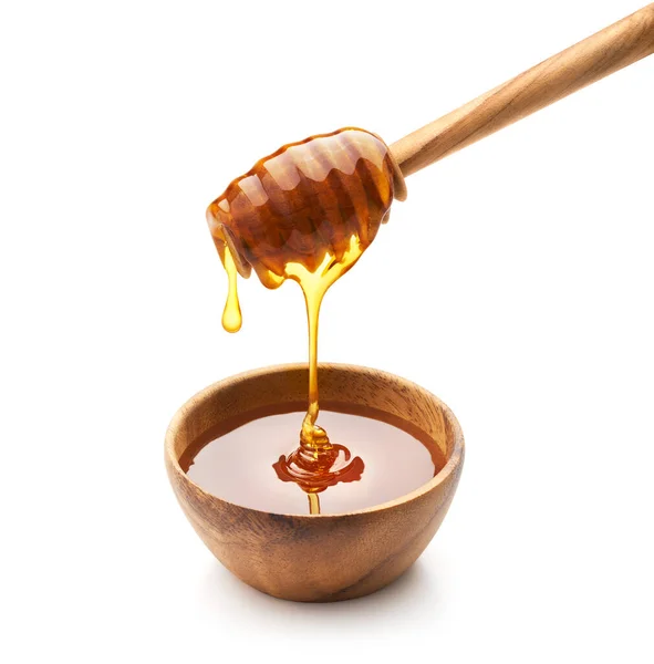 Honey Dripping Wooden Bowl Isolated White Background — Stock Photo, Image