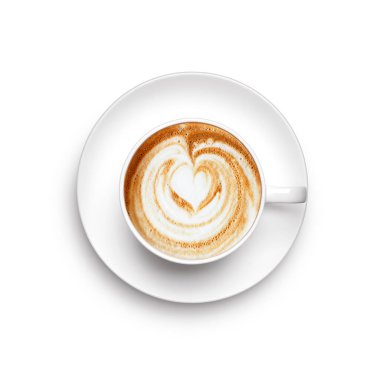 Beyaz arka planda bir fincan kapuçino - üst görünüm