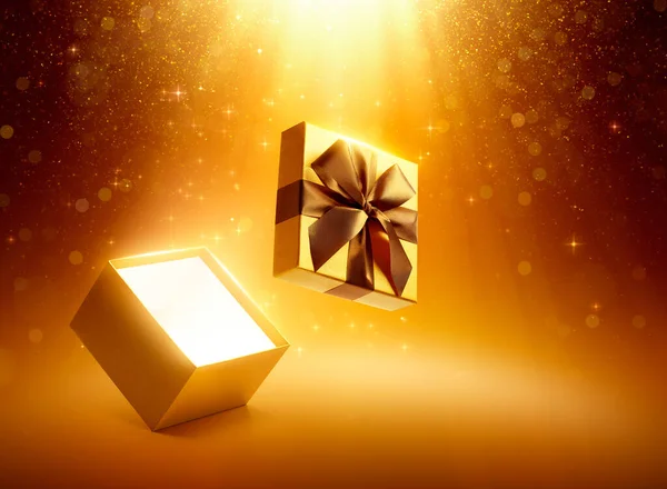 Золота Відкрита Подарункова Коробка Блискучому Фоні — стокове фото