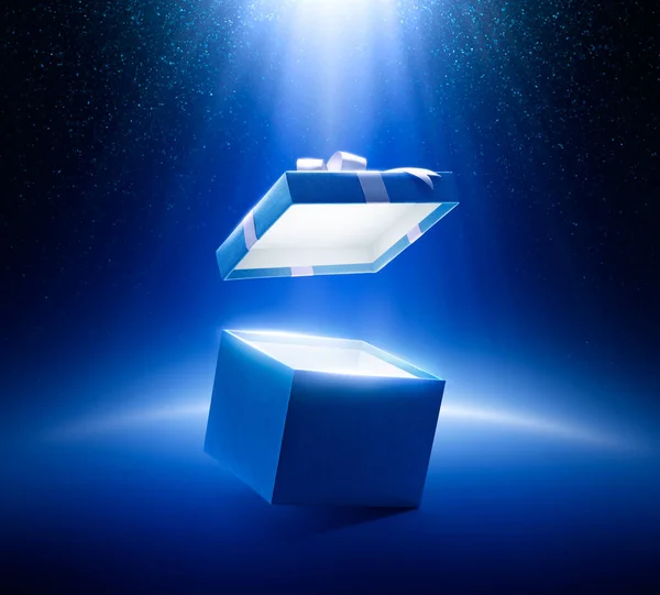 Blue Open Gift Box Glittering Background — Stock Photo, Image