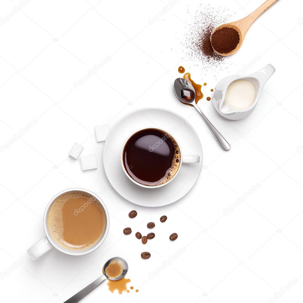 Top view of different types of coffee and ingredients arranged nicely