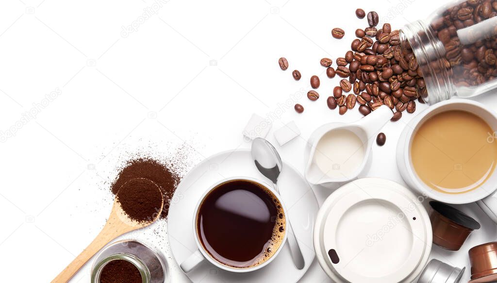 Variety types of coffee and ingredients over white background