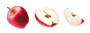 Taze bir bütün, yarısını kes ve kırmızı elmayı beyaz arka planda kes.