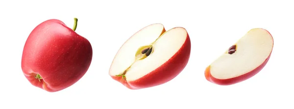 Set Fresh Whole Cut Half Slice Red Apple Isolated White — Stock Photo, Image