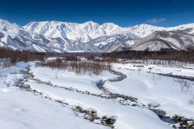 Karlı kış Doğa Merkezi Japonya Dağları ve ağaçları manzaralı