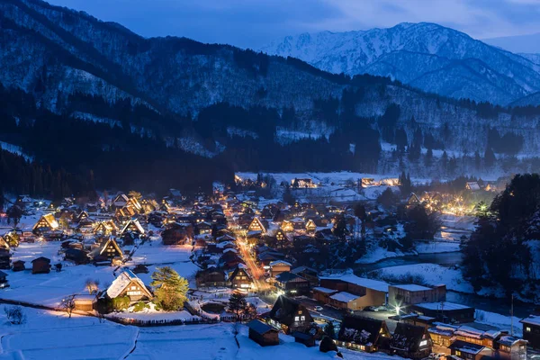 Vista Panorámica Nocturna Arquitectura Pueblo Shirakawago Centro Japón — Foto de Stock