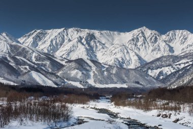 Karlı kış Doğa Merkezi Japonya Dağları ve ağaçları manzaralı