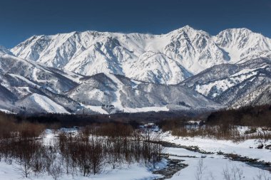 Karlı kış Doğa Merkezi Japonya Dağları ve ağaçları manzaralı