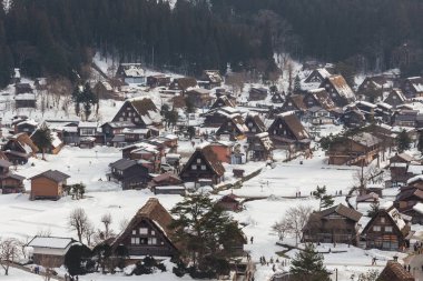 Gündüz, merkezi Japonya'nın Shirakawago Köyü'nde mimarisinin doğal görünümü