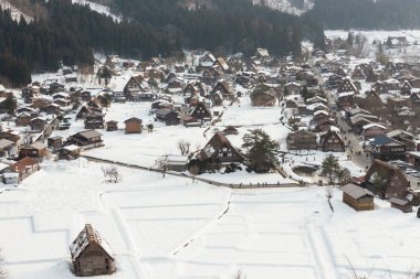 Gündüz, merkezi Japonya'nın Shirakawago Köyü'nde mimarisinin doğal görünümü