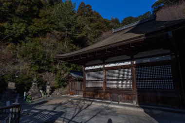 Gündüz Japonya ağaçlarıyla çevrili antik Kyoto tapınak görünümünü