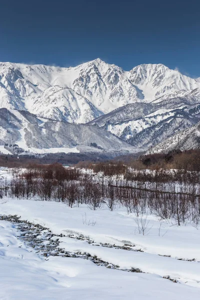 Snowy winter nature with mountains and trees view in central Japan