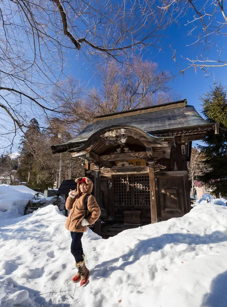 Mulher Posando Parque Nevado Pelo Edifício Tradicional Japão — Fotografia de Stock
