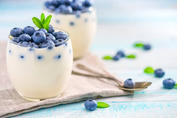 Fresh Blueberries Homemade Yogurt Wooden Background Selectiv Focus — Stock Photo, Image
