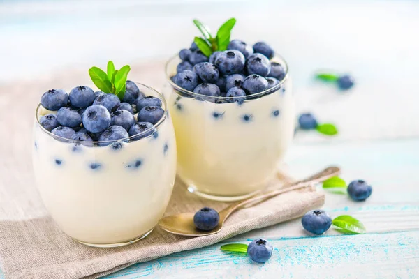 Homemade Yogurt Fresh Blueberries Rustic Turquoise Background Selective Focus — Stock Photo, Image