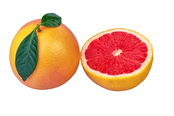 Reife Grapefruit Mit Halber Scheibe Und Blättern Isoliert Auf Weißem — Stockfoto